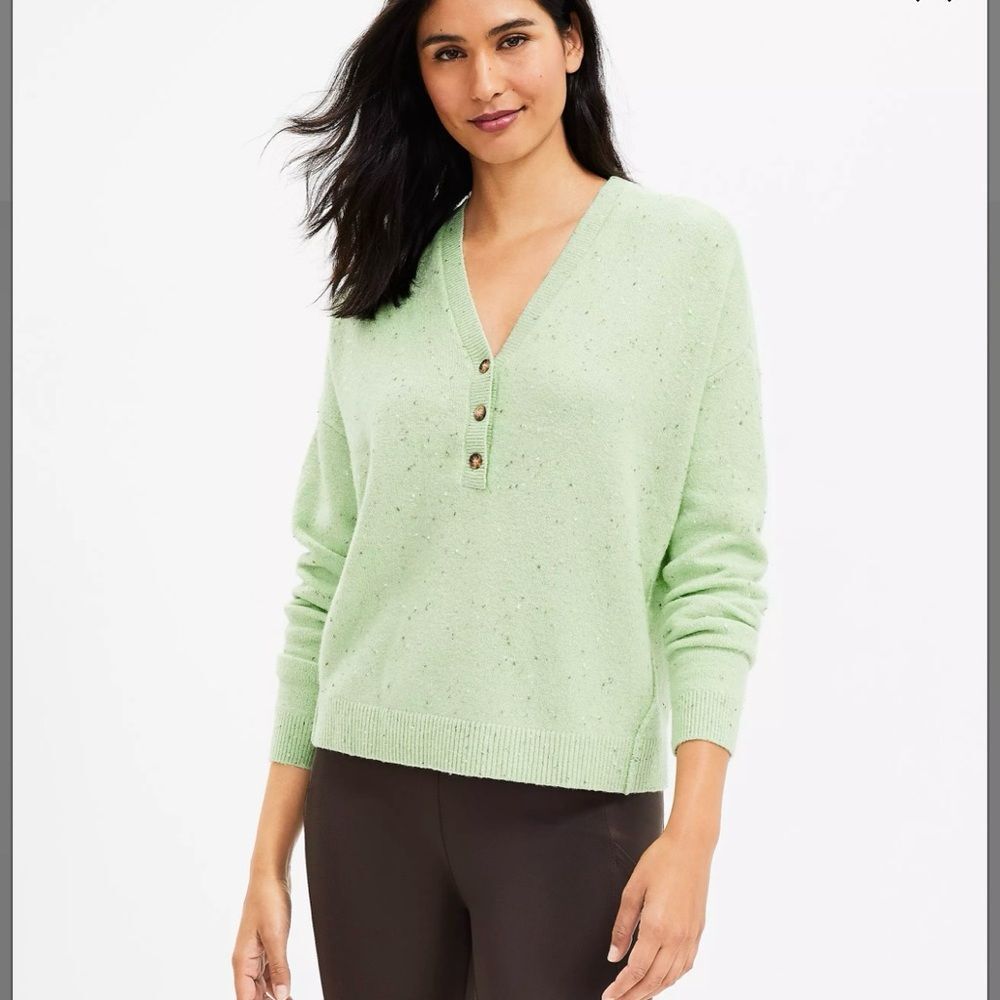 Lou & Grey Flecked Henley Buttoned Sweater in Mint Green Size XL NWT